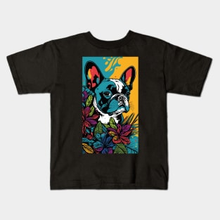 French Bulldog Vibrant Tropical Flower Tall Retro Vintage Digital Pop Art Portrait 4 Kids T-Shirt